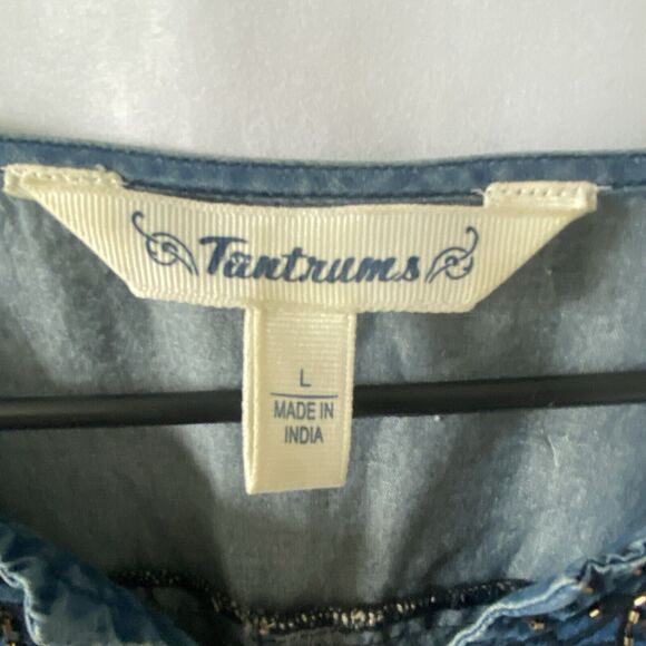 Tantrums Peasant Top Womens L Denim Embroidered Boho Babydoll Chambray - Picture 2 of 10